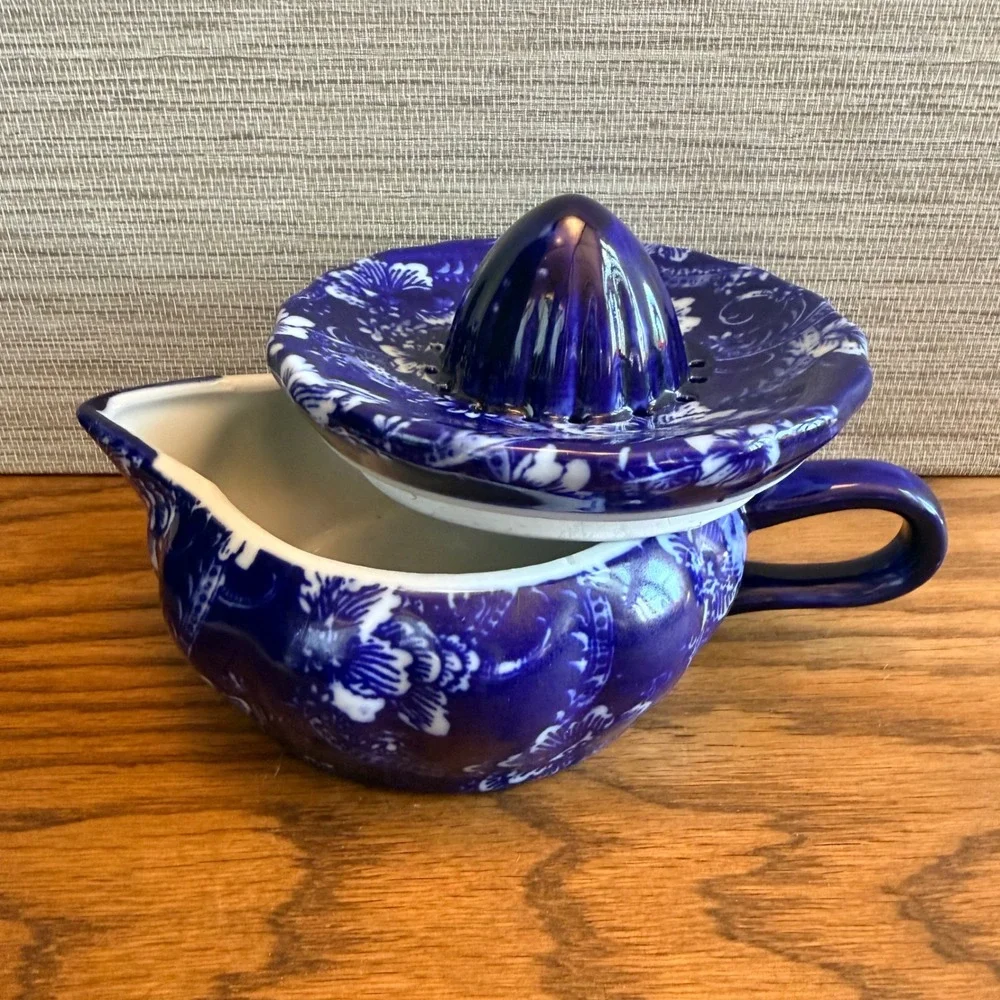 Victoria Ware Ironstone Flow Blue Style Juicer Reamer 2 Piece Set Floral 1990s